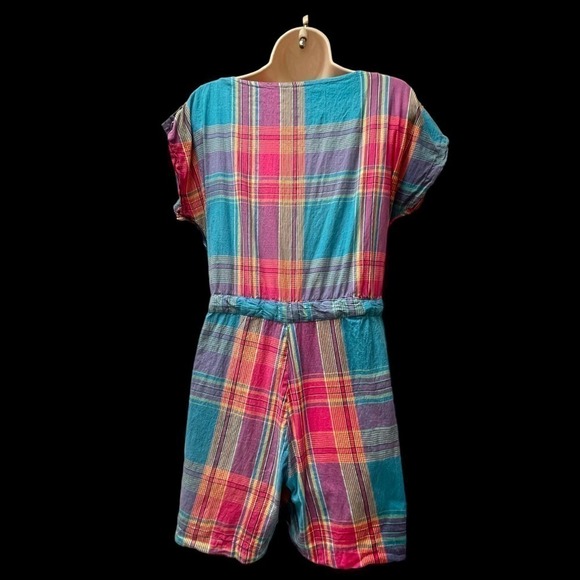 Vintage 1980’s Madras Plaid Cotton Romper Playsuit Pink, Blue, Green Size XS - Picture 3 of 16